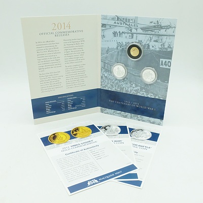 Maquarie Mint, Official Commemorative Releases 2014 Centenary of World War I, 3 Coins, One Gold, Two Silver, 