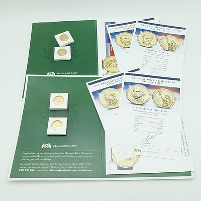 Maquarie Mint, USA Presidential Dollars Collection 2007/8/9/10, 12 Gold Plate Uncirculated Coins