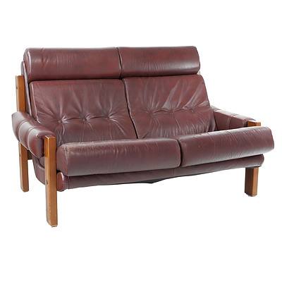 Pair Danish Deluxe Burgundy Leather Upholstered Lounges