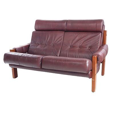 Pair Danish Deluxe Burgundy Leather Upholstered Lounges