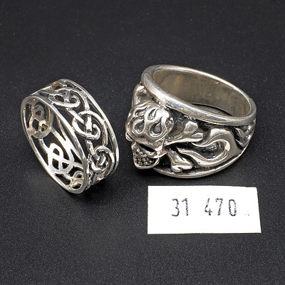 Two Sterling Silver Rings, Skull and Crossbones and Celtic Designs
