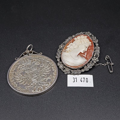 Austrian Maria Theresa Thaler 1780 Coin Pendant and a Silver and Marcasite Mounted Shell Cameo Pendant (2)