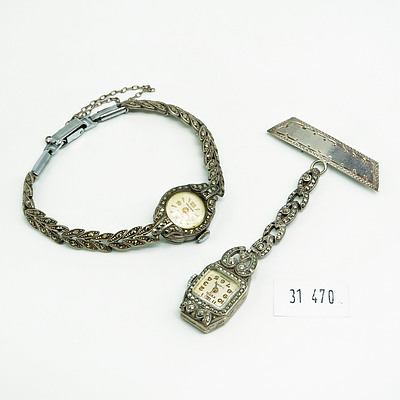 Two Swiss Silver and Marcasite Ladies Watches Including One Wrist and One Nurses Watch (2)