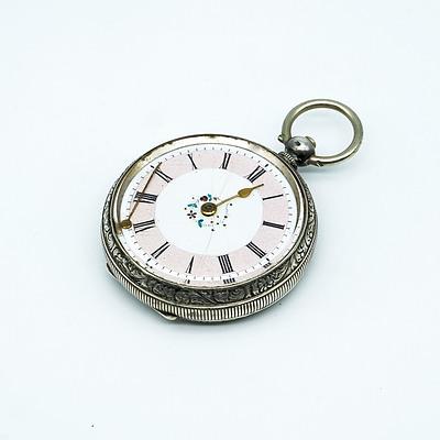 Antique Ladies Swiss Enamel Faced Pocket Watch with Enamel Dial and Engraved 800 Silver Case Marked B&H