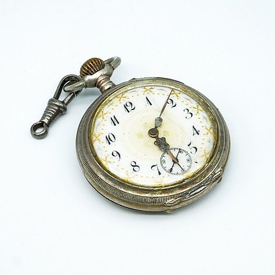 Ornately Faced Cylinder Nickel Silver Plated Six Rubis Pocket Watch