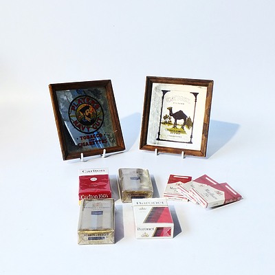 Seven Packets of Vintage Cigarettes Sealed in Plastic For Display and Two Tobacco Advertising Mirrors Including Packets of Benson and Hedges and Marlborough 5s