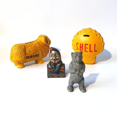 Modern Shell and Goldern Fleece Cast Iron Money Boxes and Two Others