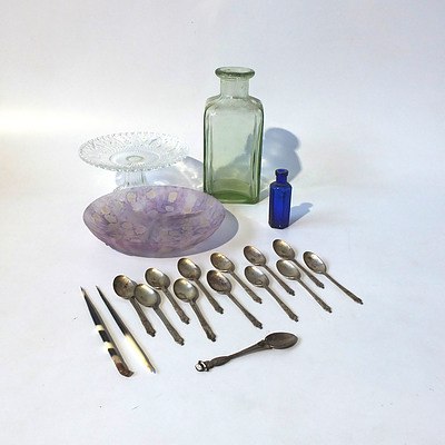 Twelve Apostle Silver Plate Spoons, Cut Glass Taza, Blue Vintage Japanese Poison Bottle and More
