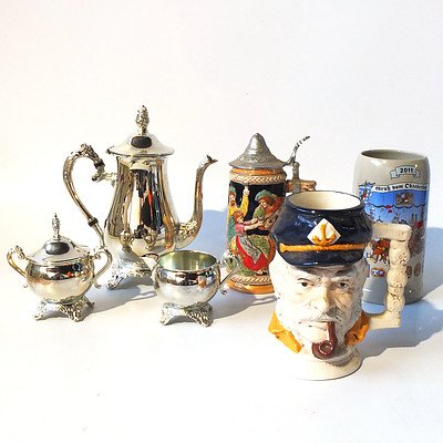 Two Beer Steins, A Character Jug and Silver Plate Coffee Pot,Jug and Sugar Dish