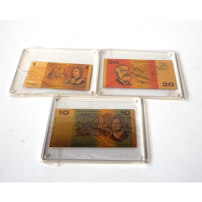 Three 24 Carat Foil Covered Australian Currency Notes Including $1, $10 and $20