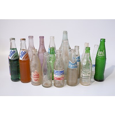 Group of Vintage and Modern Bottles Including Fanta, Sprite, Leed, Lift, Cottees and More