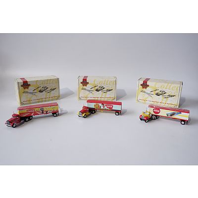 Three Coca Cola Matchbox Collectibles Tractor Trailers Including 'Coke and the American Pastime', 'Bowling with Coke' and 'Coke and Sunshine'