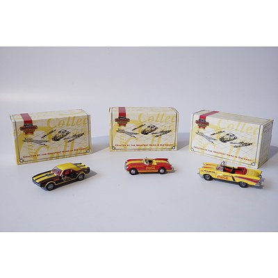 Three Coca Cola 'Cruisin' with Coke' Matchbox Collectibles Including 1957 Chevrolet Bel Air, 1953 Corvette and 1968 Chevrolet Camaro
