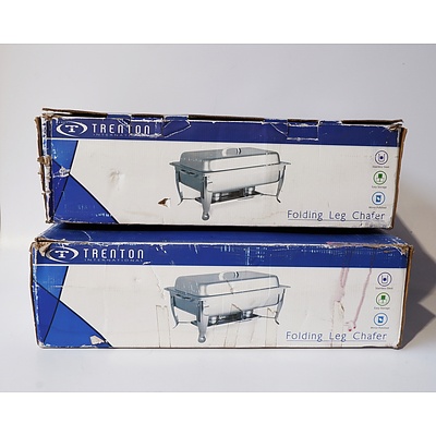Two Trenton Stainless Steel Folding Leg Chaffing Dishes in Box