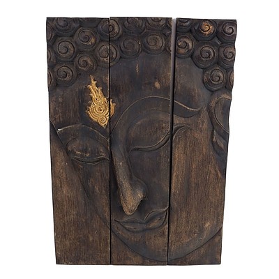 Relief Carved Wood Face of Buddha