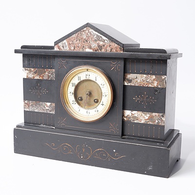 Antique Slate and Marble Mantle Clock with Brass and Porcelain Face