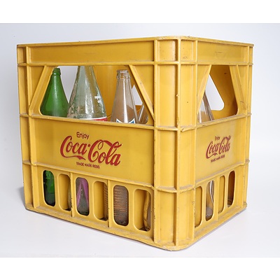Vintage Yellow Coca Cola Twelve Bottle Crate With Six Vintage Bottles