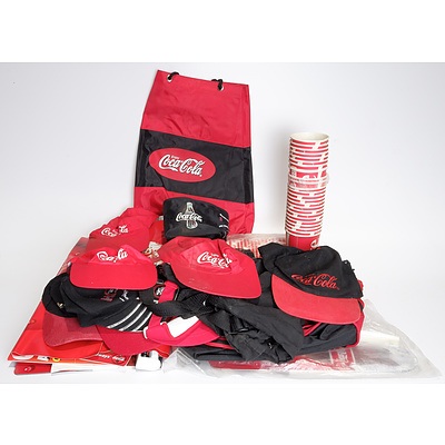 Coca Cola Sports Bag with Various Merchandise Including Hats, Bags, Signs, Cups and More
