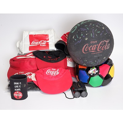 Coca Cola Sports Bag with Various Accessories Including Basketball, Soccer Ball, Clothing, Hats, Binoculars and More