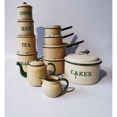 A Enameled Tin Cooking Set, Including Cake, Tea, Coffee, Sugar and Rice Lidded Containers, Tea Pot, Jug and More