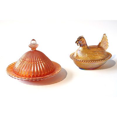 Carnival Glass Cheese Bell and Chicken Shaped Covered Dish