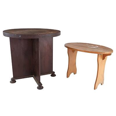 Rustic Circular Art Deco Pub Table with Metal Edging and an Oval Topped Table or Stool in Kauri Pine