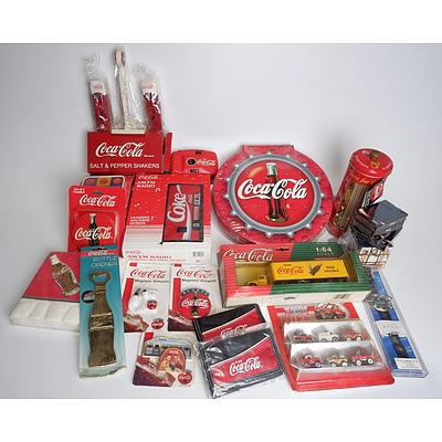 Large Lot of Coca Cola Accessories Including Magnets, Coasters, Bottle Opener, Pair of Salt and Pepper Shakers, Radio and More