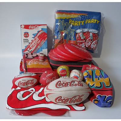 Group of Coca Cola Outdoor Accessories Including Inflatables, Sports Balls, Frisbees and More