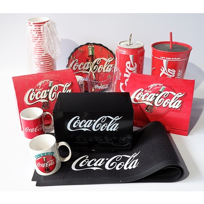 Group of Coca Cola Restaurant Accessories Including Straw Dispensers, Clock, Bar Runner, Mugs, Cups and Jug