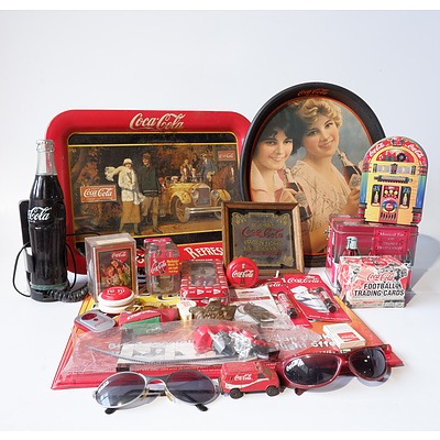 Group of Coca Cola Accessories Including Serving Trays, Bottle Phone, Musical Tins, Trading Cards, Sunglasses and More