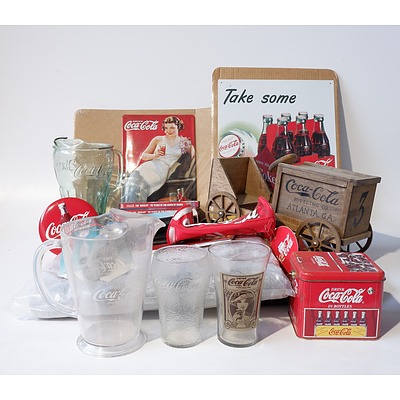 Group of Coca Cola Items Including Jugs, Glasses, Ice Cream Scoop, Model Car and More