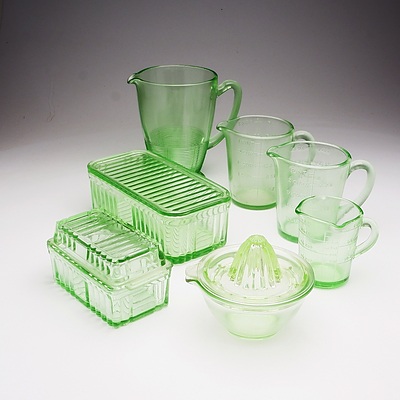Various Green Depression and Uranium Glass, Including Uranium Glass Dish with Lid and Two Uranium Glass Measuring Jugs