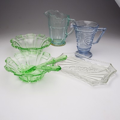 Various Colored Depression and Uranium Glass, Including Two Matching Serving Bowls and Uranium Glass Servers and More
