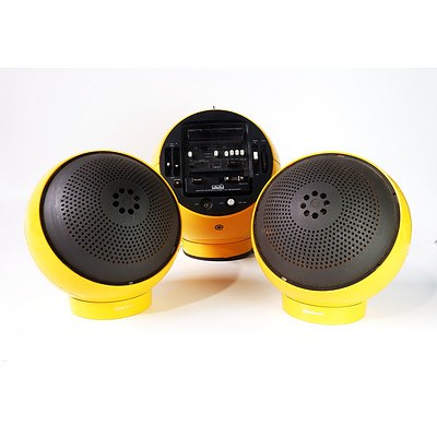 Iconic 1970s Futuristic Yellow GEC Weltron "Space Ball" 2004A Model AM/FM Stereo Cassette Player and Pair of Matching 2003 Model Extension Speakers