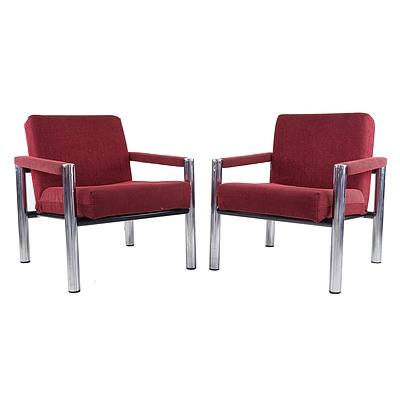 Pair of Retro Sebel Chromed Tubular Steel and Red Fabric Upholstered Armchairs