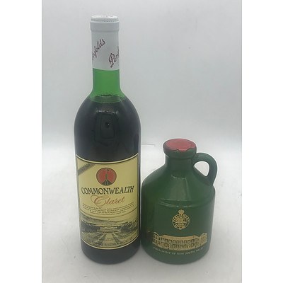 Bottle of Penfolds 1980 Commonwealth Claret & Half Crock Full of Wyndham Estate NV Sydney Port