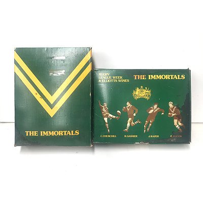 Box of Elliots Wines & Rugby League Week 1977 The Immortals Vintage Ports (1 of 4 Bottles Missing, Box Damaged)