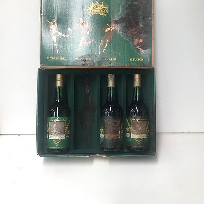 Box of Elliots Wines & Rugby League Week 1977 The Immortals Vintage Ports (1 of 4 Bottles Missing, Box Damaged)