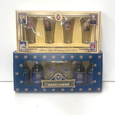 Foster's Melbourne Cup 1986 Commemorative Gift Box & Foster's Lager Centenary 1988 Glass Set