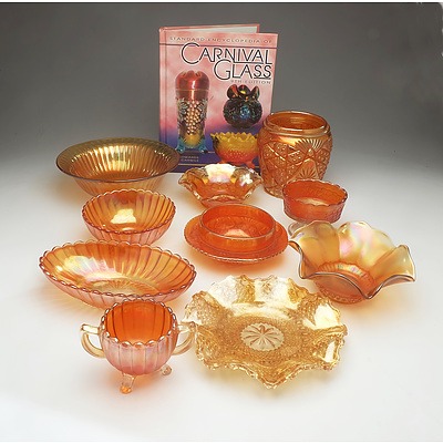 A Quantity of Ten American Carnival Glass Items Including Marigold Amber Pattern and Imperial Pattern, and a Standard Encyclopedia of Carnival Glass , 9th Edition.