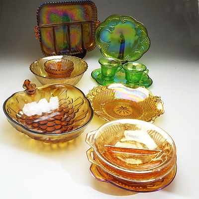 Thirteen American Carnival Glass Items Including Basket Weave Amber Pattern and a Green Glass Fenton Tennis Set