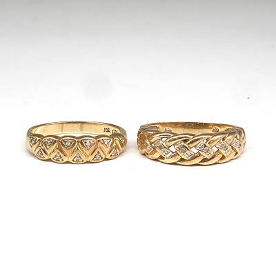 Two 9ct Yellow Gold Twist Design Rings with Single Cut Diamonds