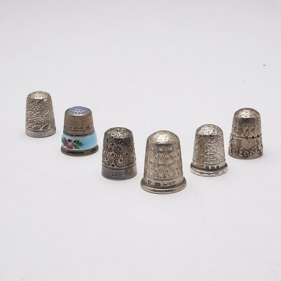 Nice Group of Six Hallmarked Sterling Silver Thimbles, One with Enamel Decoration