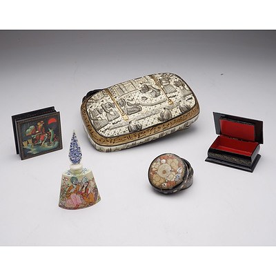 Lacquerware Including Indo-Persian and Russian Boxes, Scent Bottle Etc