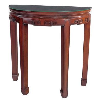 Chinese Rosewood Demi-Lune Side Table with Carved Key Pattern Apron, 3rd Quarter of the 20th Century