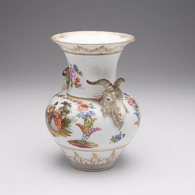 KPM Berlin Hand Painted Porcelain Vase with Goat Head Handles, Early 20th Century