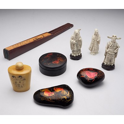 Group of Oriental Items Including Three Chinese Resin Figures, Fan, Erotic Snuff Bottle, Lacquer Carp Box and Two Stones