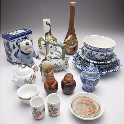 Group of Oriental Porcelain and Clay Including Plates, Bowls, Vases, Teapots, Pillow and Figures