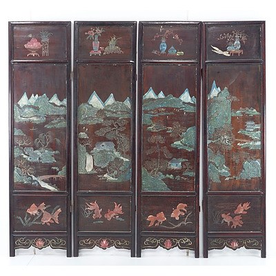 Chinese Lacquer Fourfold Floor Screen, 20th Century
