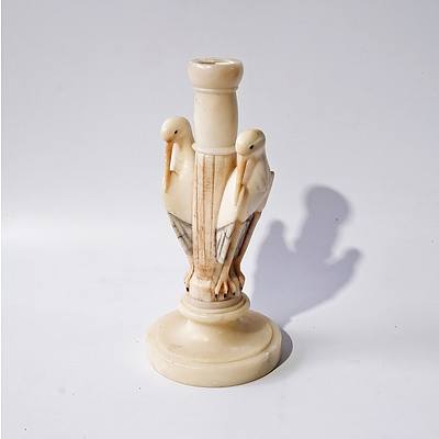 Impressive Art Deco Carved Alabaster Candlestick with Waterbirds